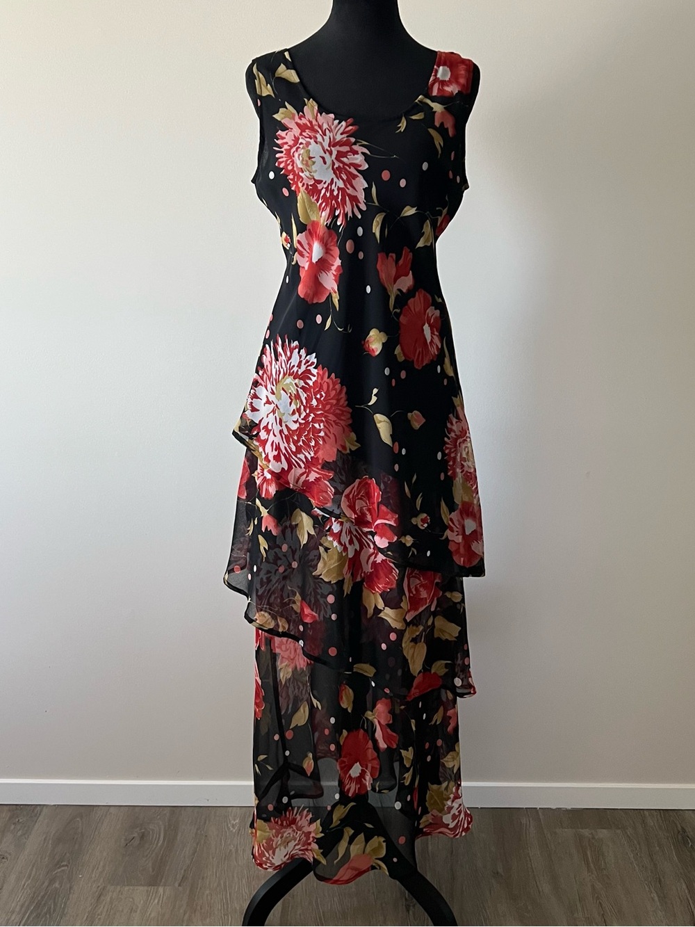 Vintage Polka Dot and Floral Layered Tiered Maxi Garden Party Dress